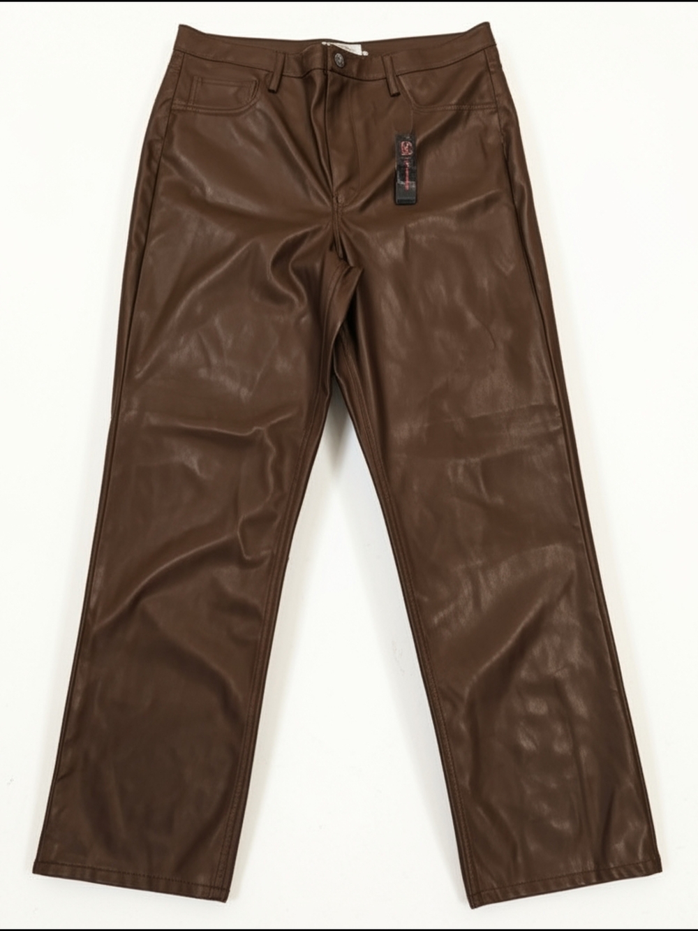 Brown Faux Leather Pants High Waist straight Leg - Picture 1 of 4